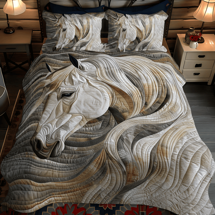 Vibrant White Horse 3-Piece Quilted Bedding Set