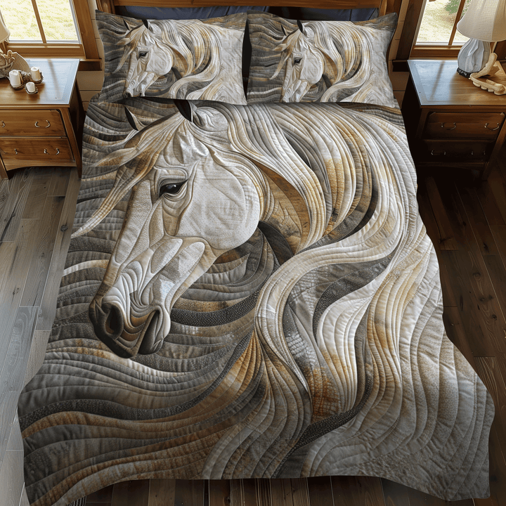 Vibrant White Horse 3-Piece Quilted Bedding Set