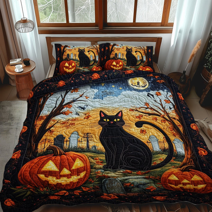 Spook-tacular Black Cat 3-Piece Quilted Bedding Set