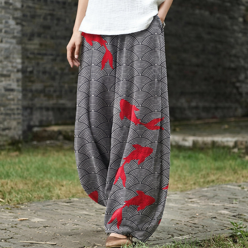 Blanche – Wide pants with a wave and carp pattern