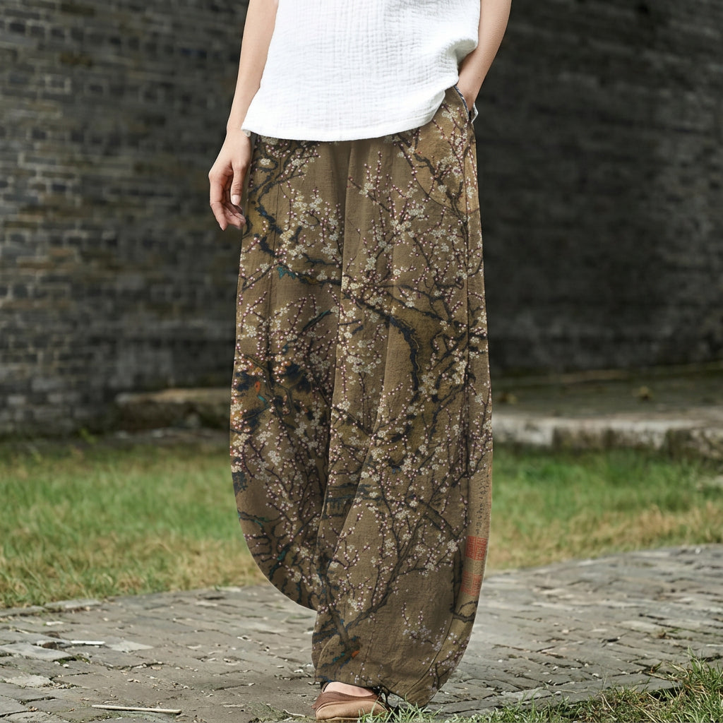 Océane – Wide trousers with a brown forest pattern