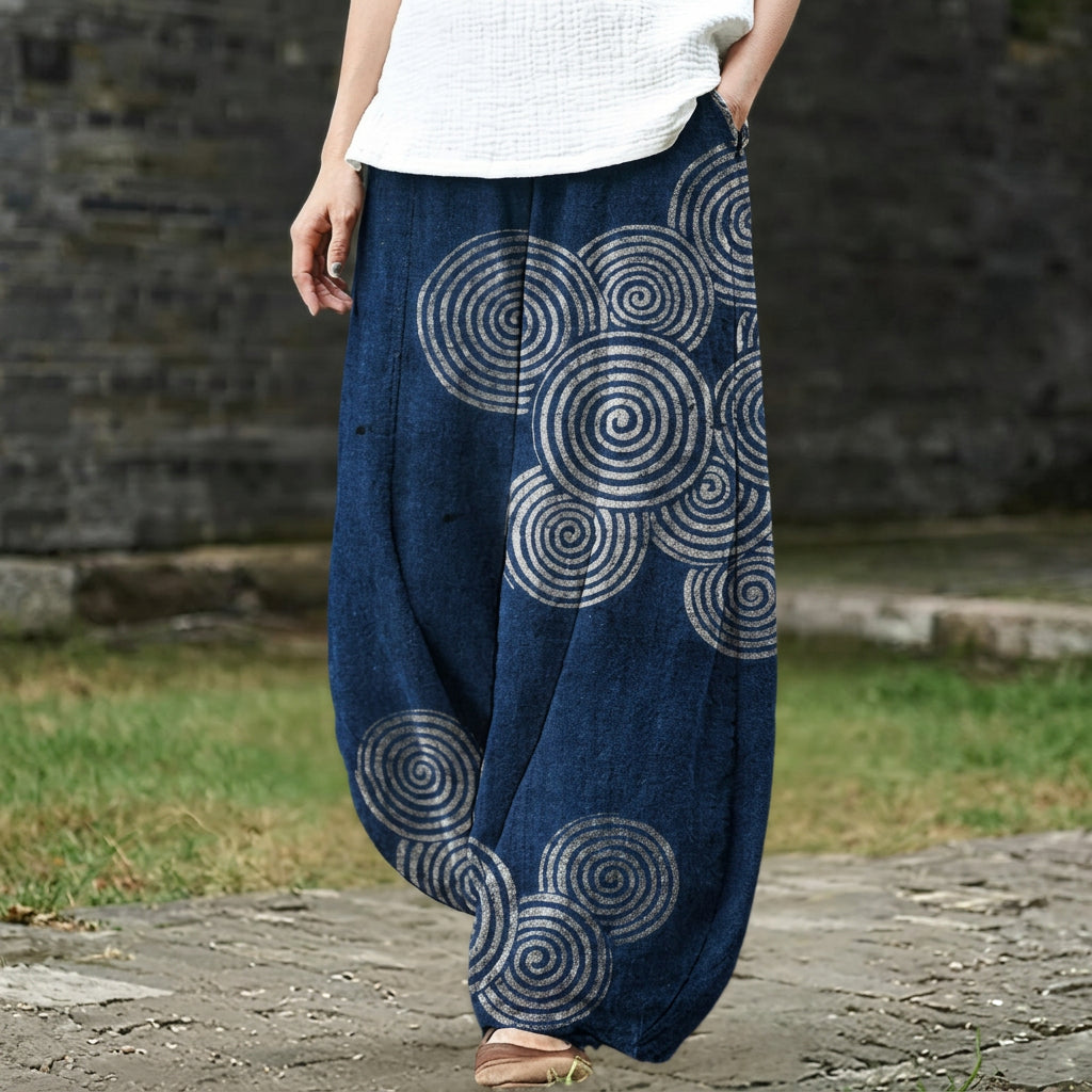 Alice – Wide trousers with a dark blue polka dot pattern