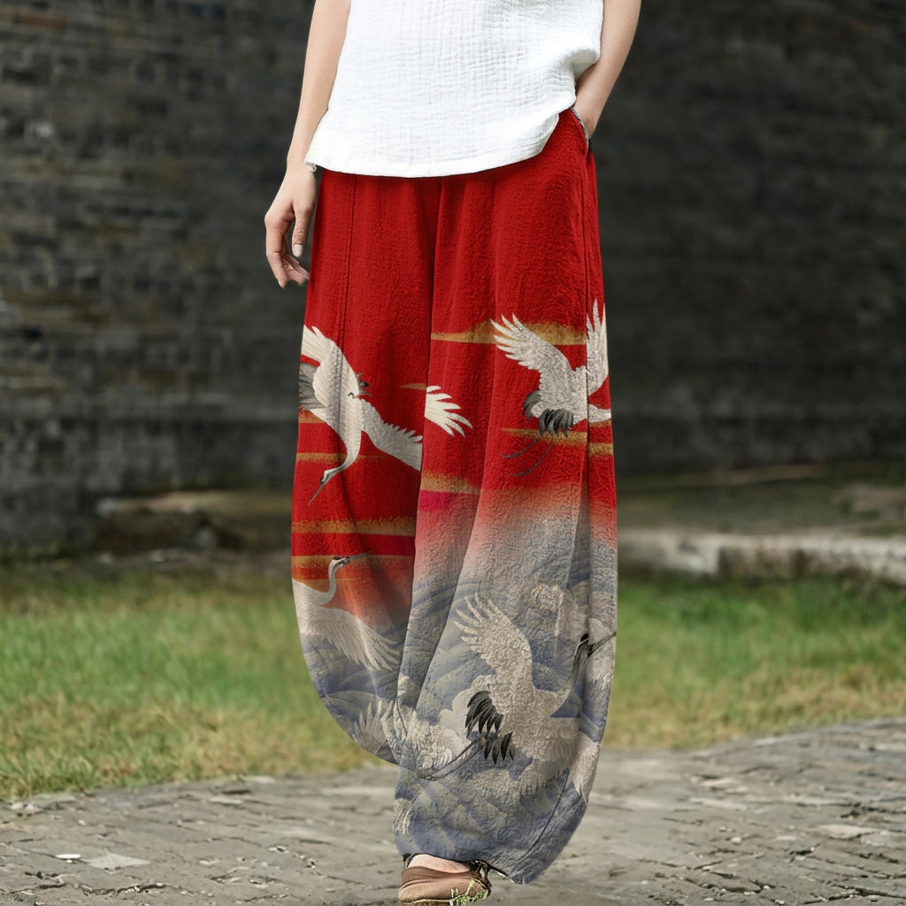 Édith – Wide trousers with a red bird motif