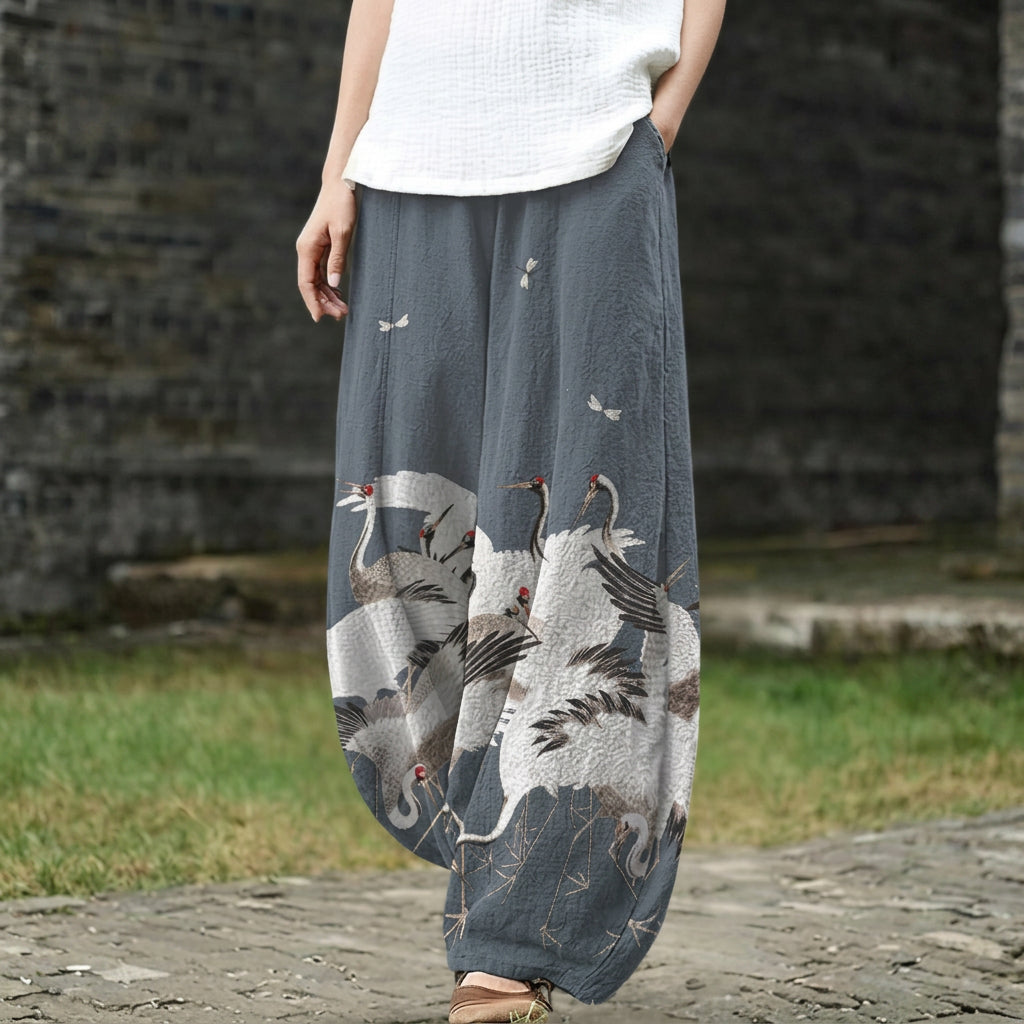 Michèle – Gray wide trousers with a bird motif