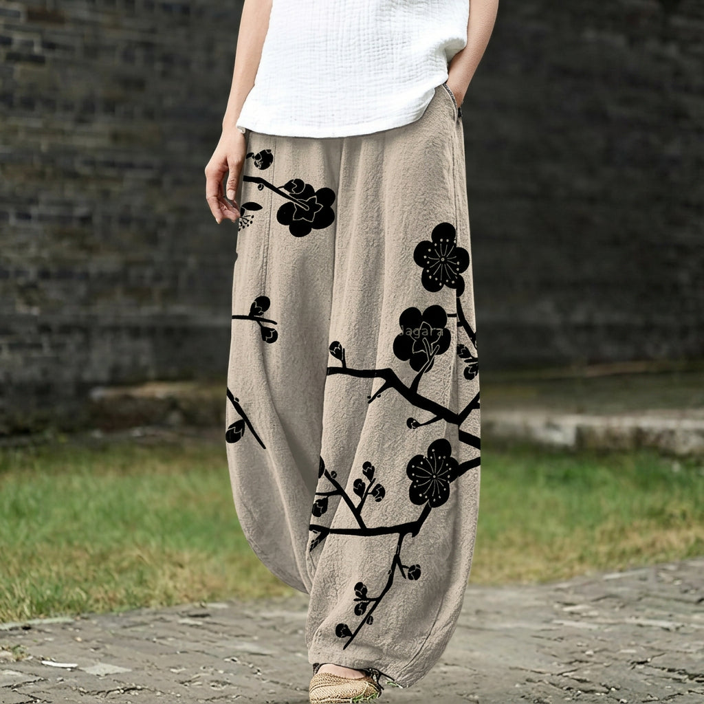 Céleste – Beige, wide pants with a floral pattern