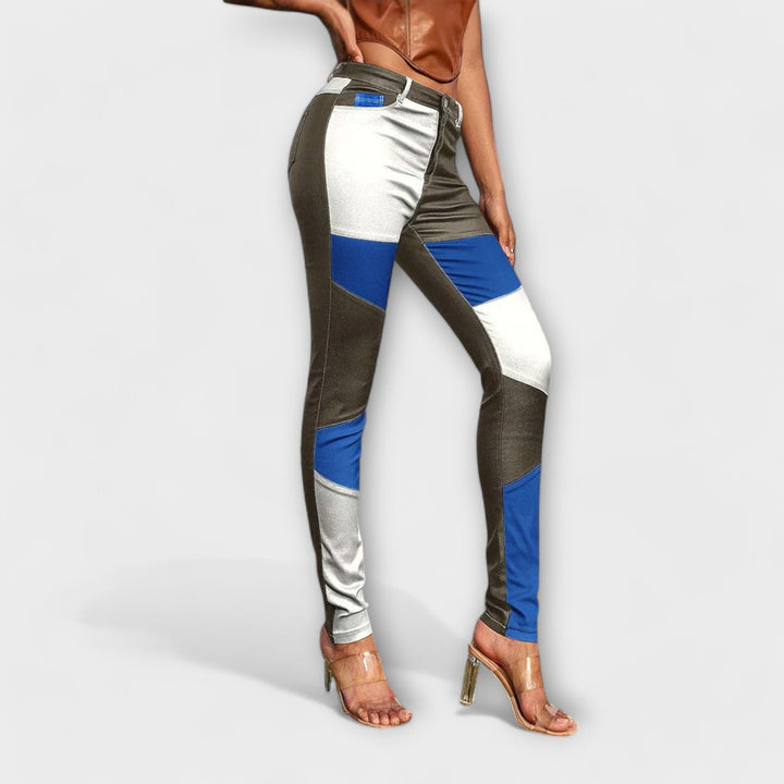 Trousers with a colourful block pattern