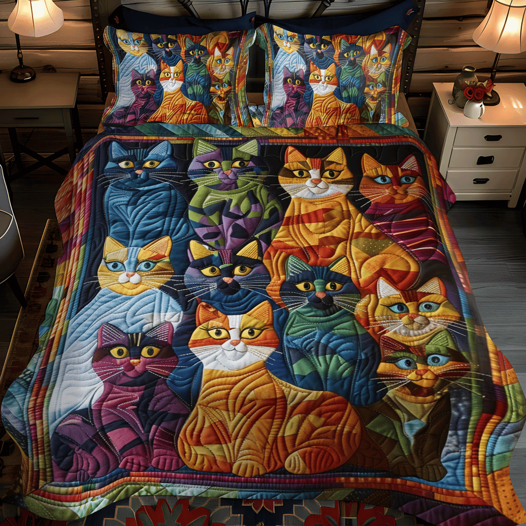 Whimsical Cat 3-Piece Quilted Bedding Set