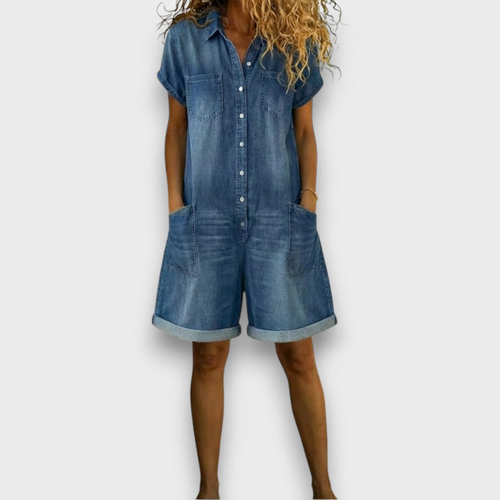 Klara - Short vintage cotton jumpsuit with a denim effect