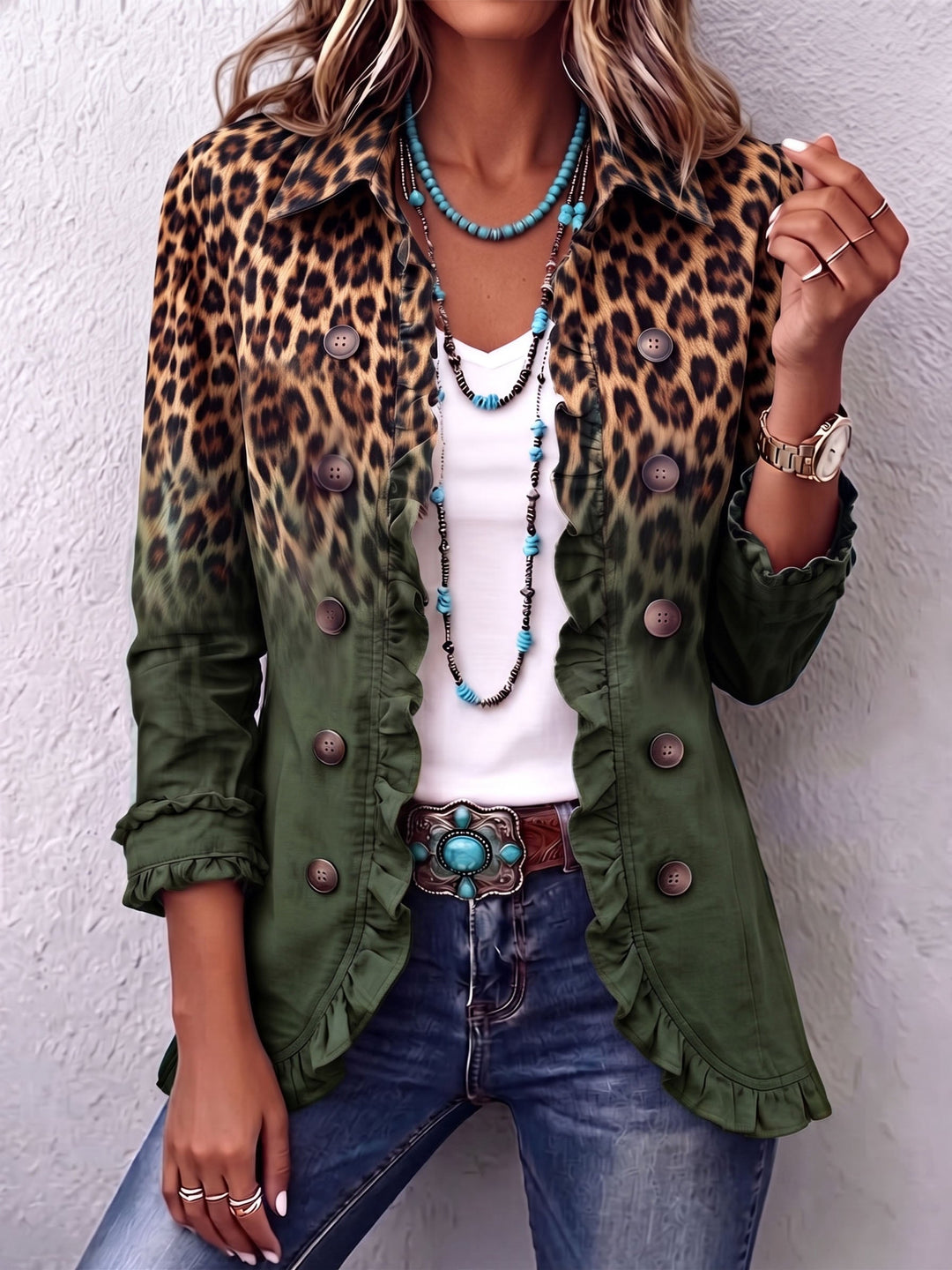 Emma | Ombre ruffled jacket with leopard print