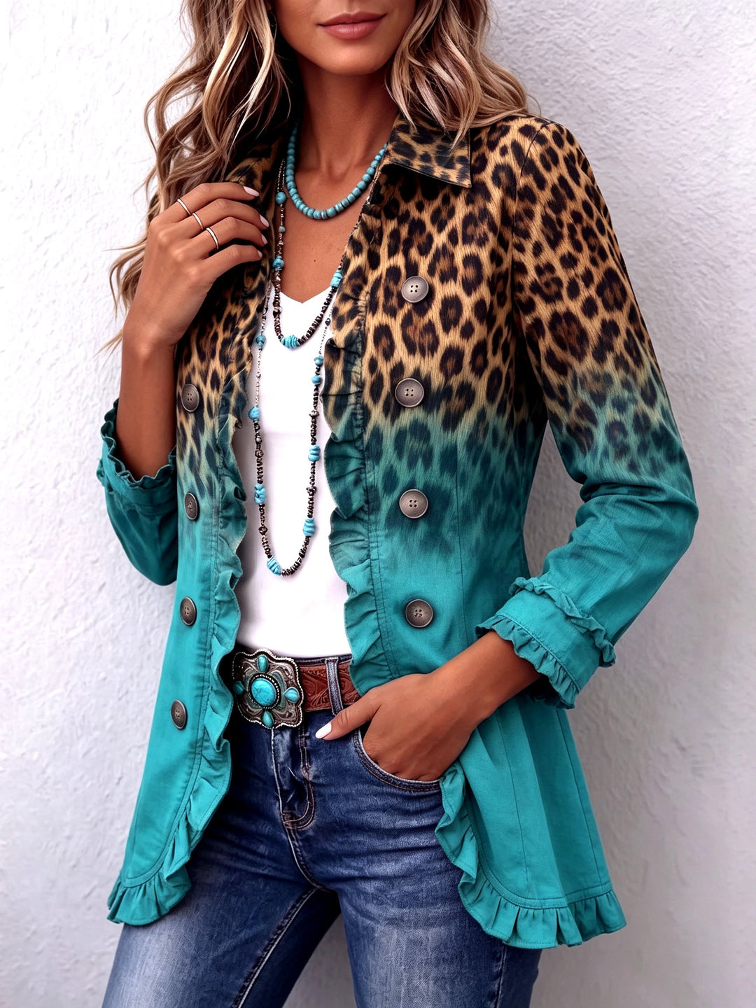 Emma | Ombre ruffled jacket with leopard print