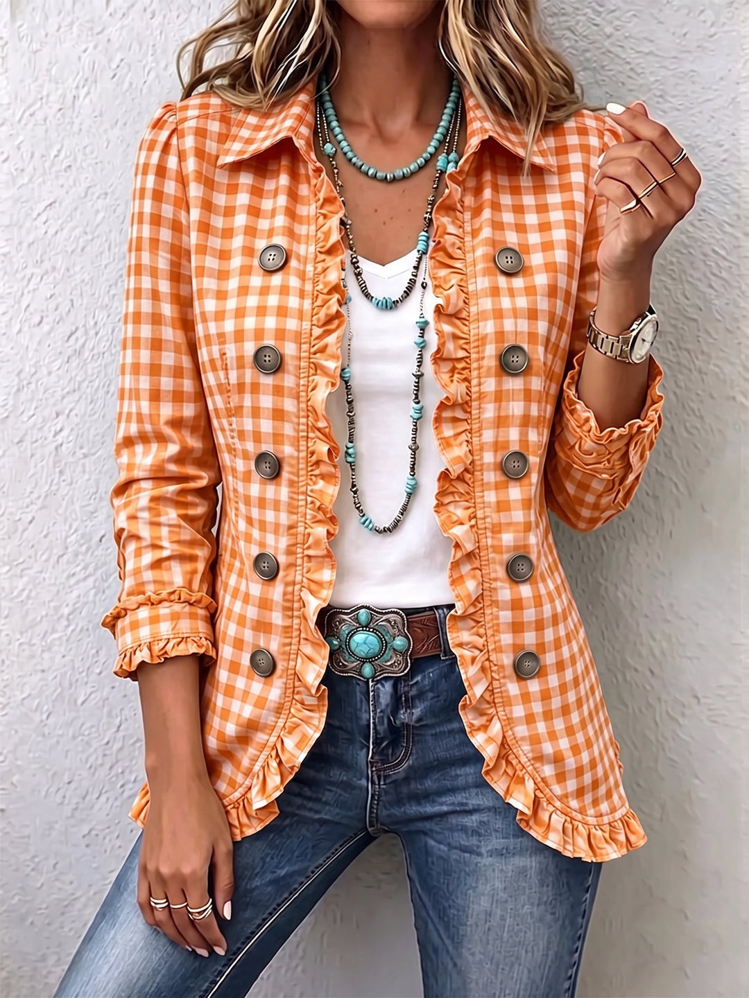 Evelyn | Checkered jacket with ruffles and button