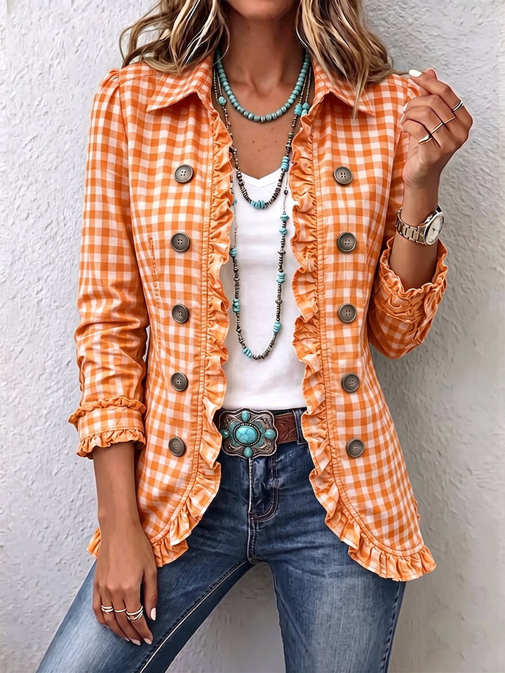 Evelyn | Checkered jacket with ruffles and button