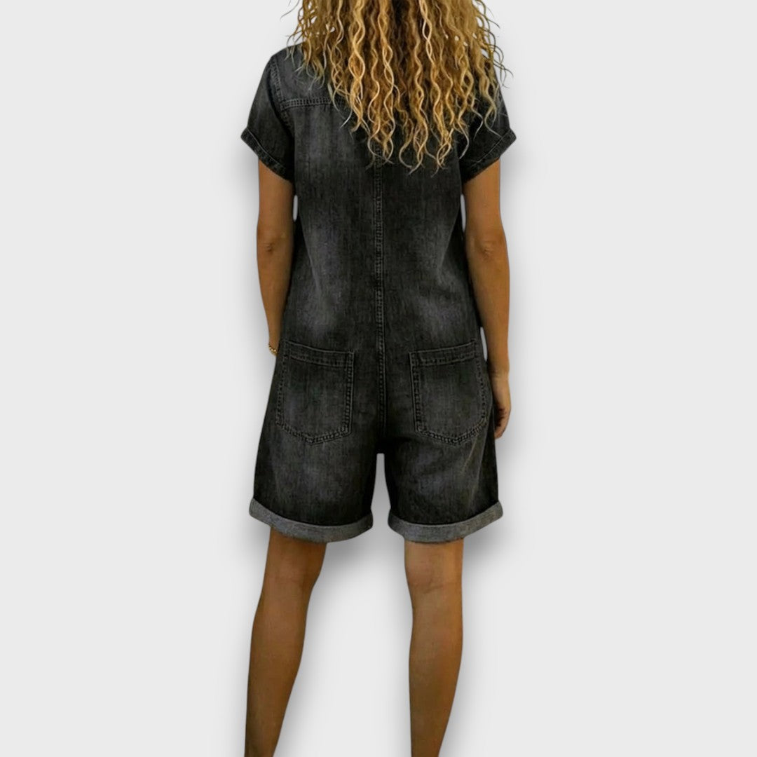 Klara - Short vintage cotton jumpsuit with a denim effect