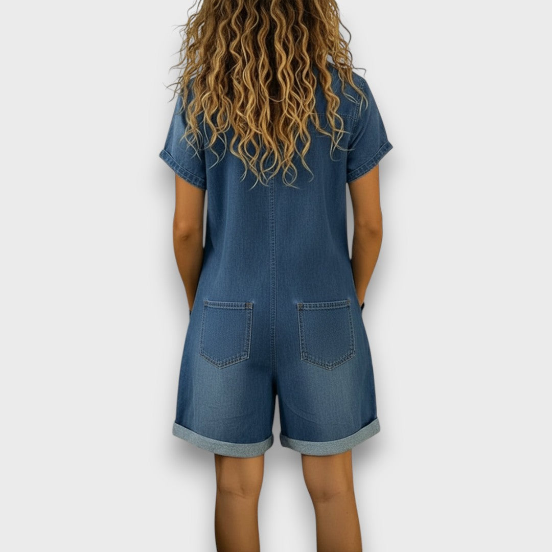 Klara - Short vintage cotton jumpsuit with a denim effect