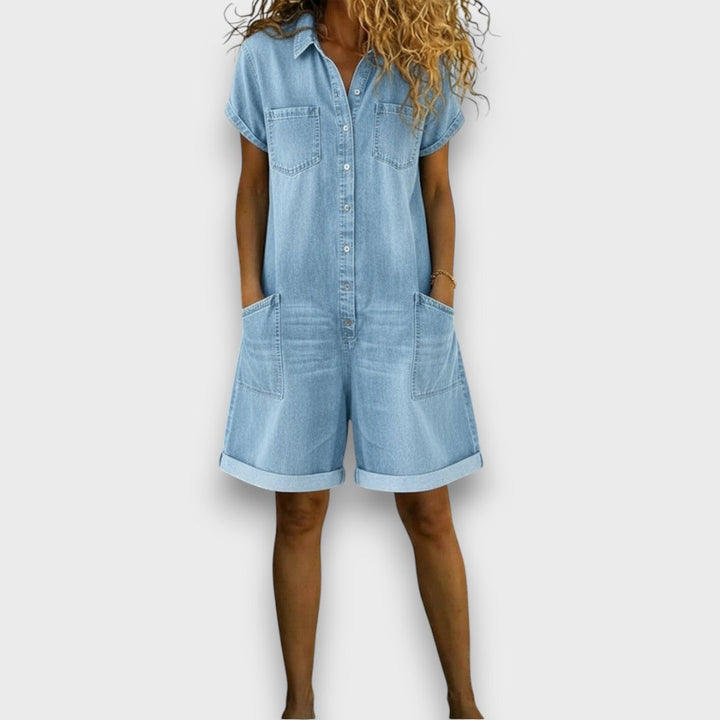 Klara - Short vintage cotton jumpsuit with a denim effect