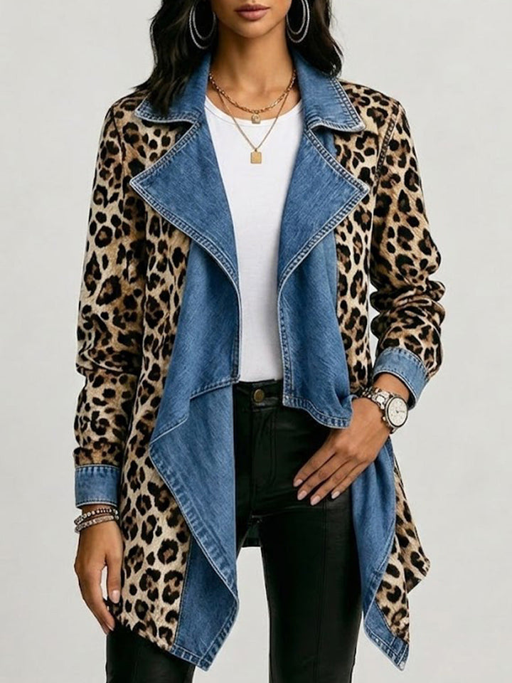 Victoria | Leopard print jacket with a mid-length distressed denim panel