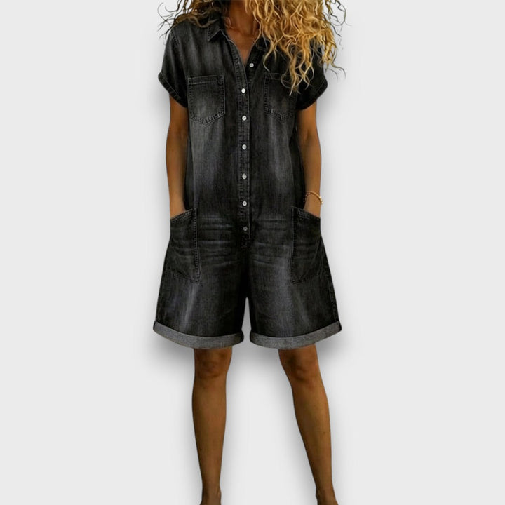 Klara - Short vintage cotton jumpsuit with a denim effect