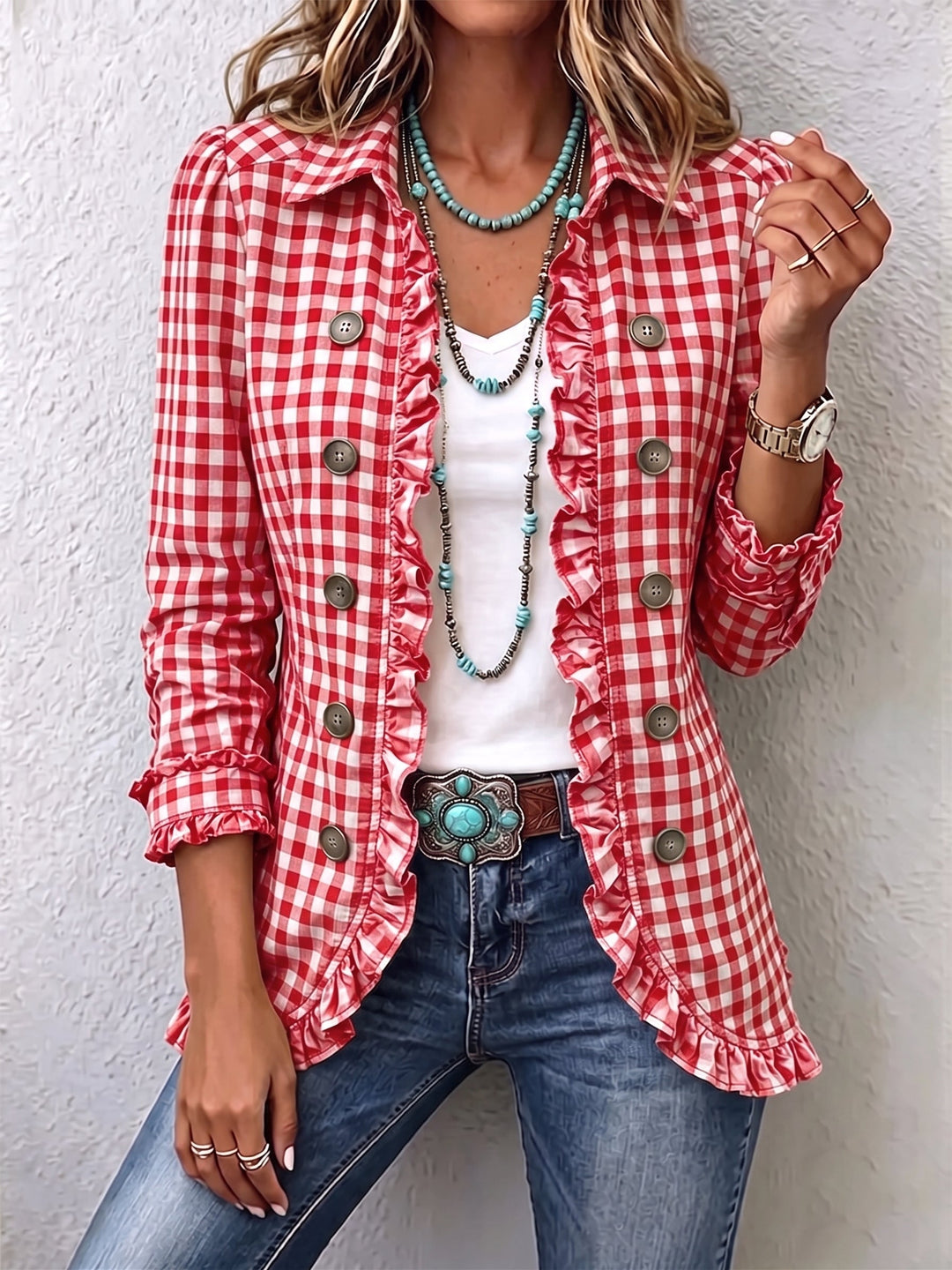 Evelyn | Checkered jacket with ruffles and button