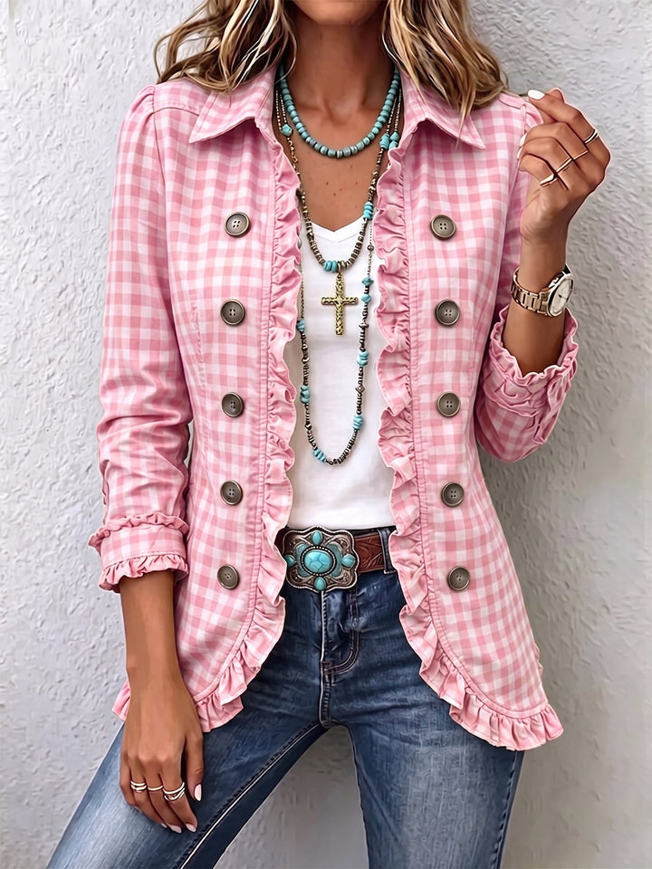 Evelyn | Checkered jacket with ruffles and button