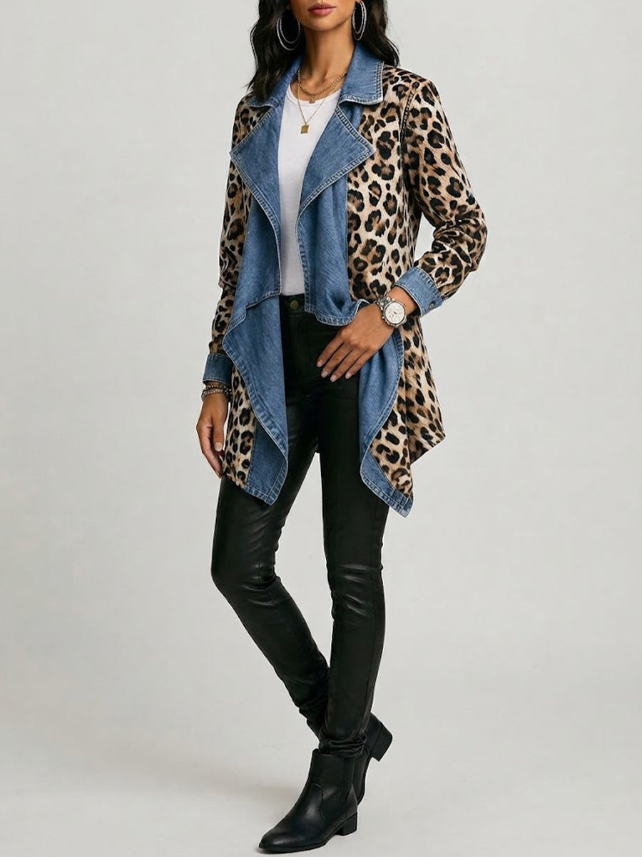Victoria | Leopard print jacket with a mid-length distressed denim panel