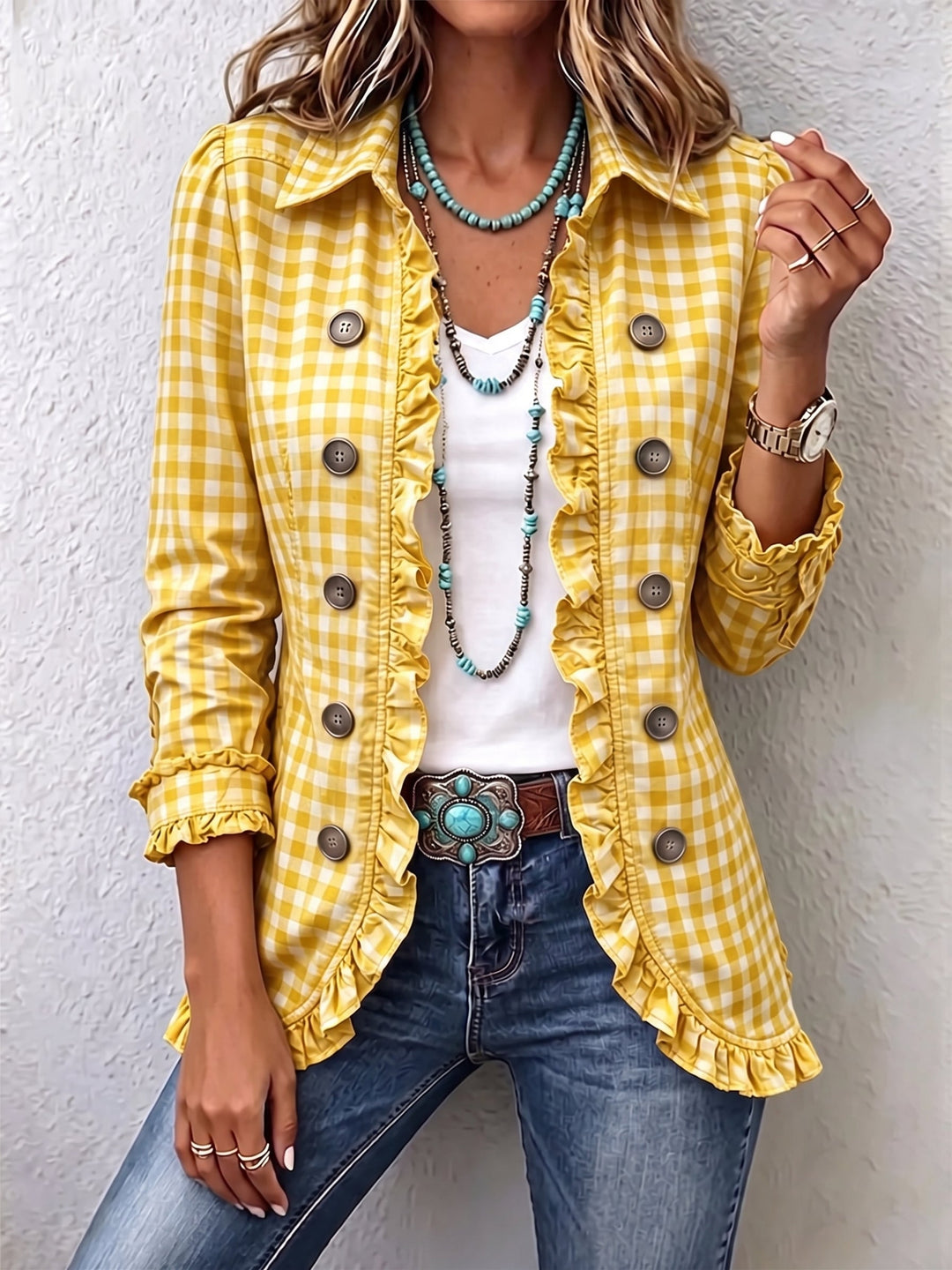 Evelyn | Checkered jacket with ruffles and button