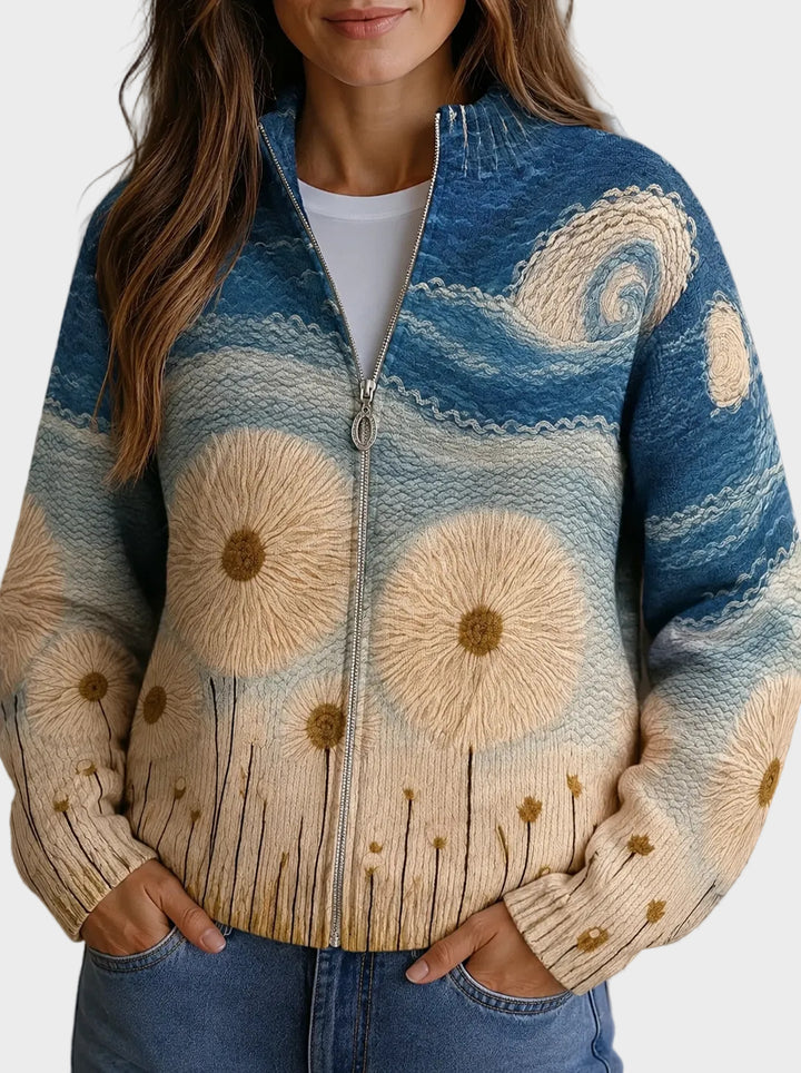 Yolanda - Quilted cardigan with a zipper with dandelion flowers