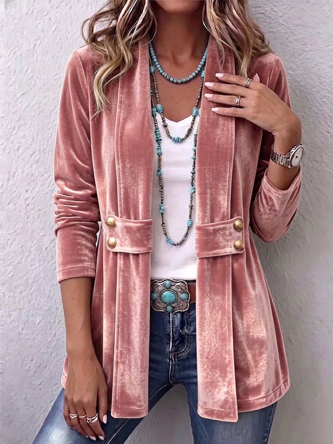 Avery | Vintage Accent Blazer with Long Sleeve Buttons and Open Front