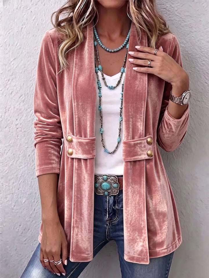 Avery | Vintage Accent Blazer with Long Sleeve Buttons and Open Front