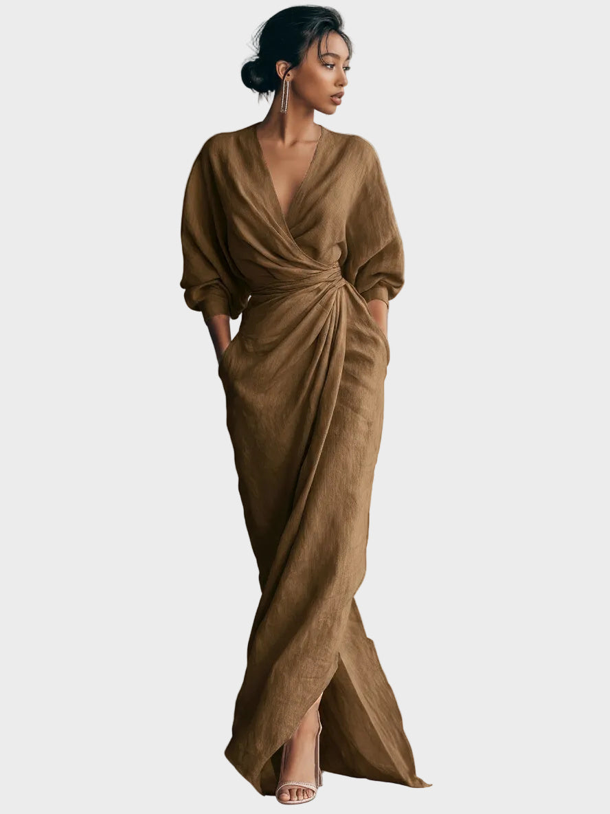 Linen Maxi Dress with V-Neckline