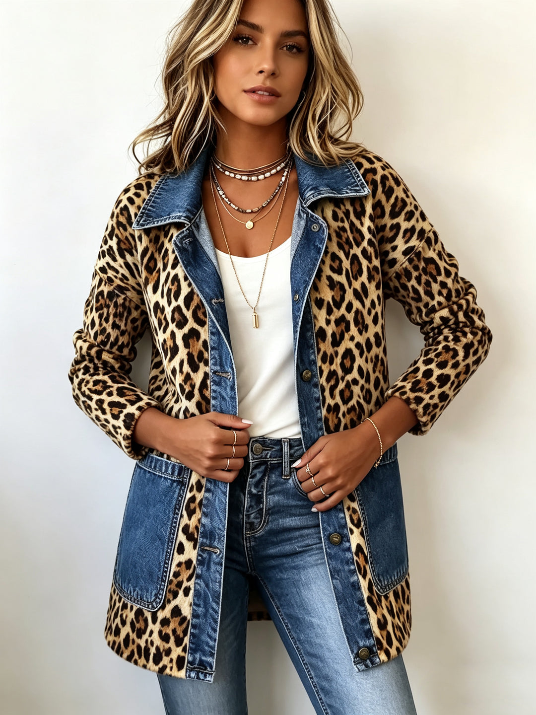 Nora | Denim jacket with a contrasting leopard print panel
