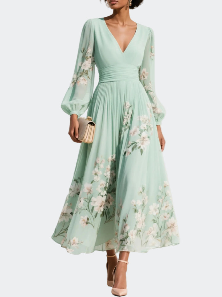 Lucija - Light Green Chiffon Midi Dress with Floral Pleat