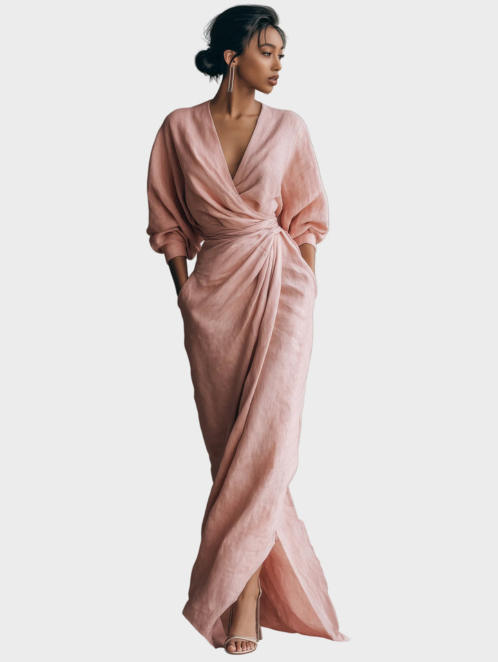 Linen Maxi Dress with V-Neckline