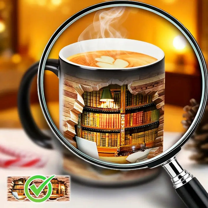 Magic ceramic thermal mug with a bookcase motif