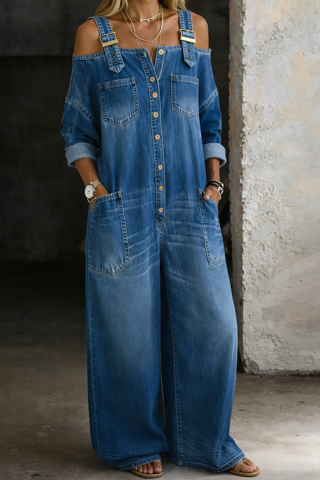 Celina - Denim jumpsuit with bare shoulders