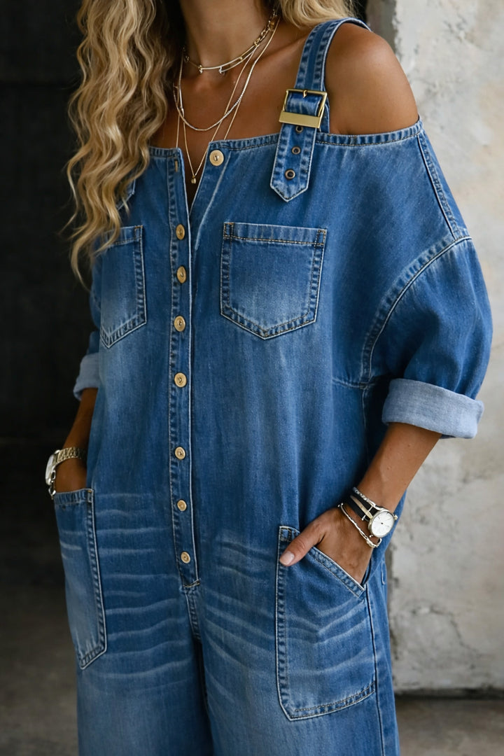 Celina - Denim jumpsuit with bare shoulders