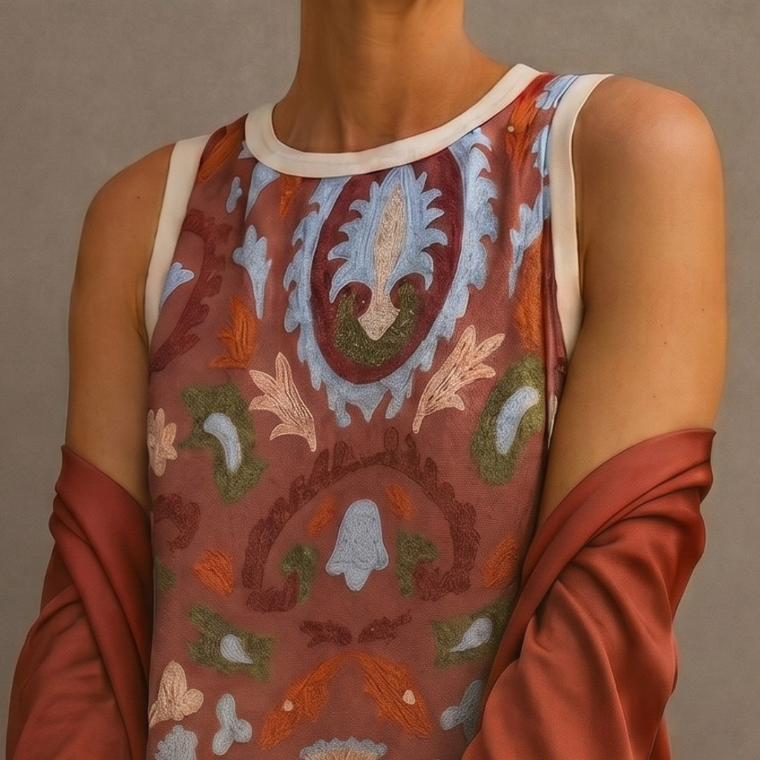 Daniela - Long dress with a floral pattern with a fitted vest