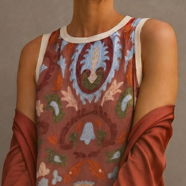 Daniela - Long dress with a floral pattern with a fitted vest