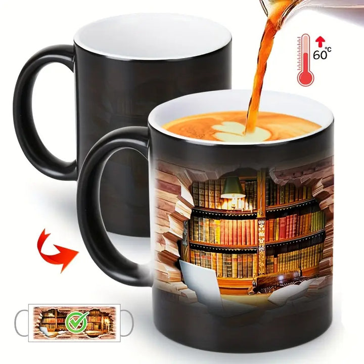 Magic ceramic thermal mug with a bookcase motif