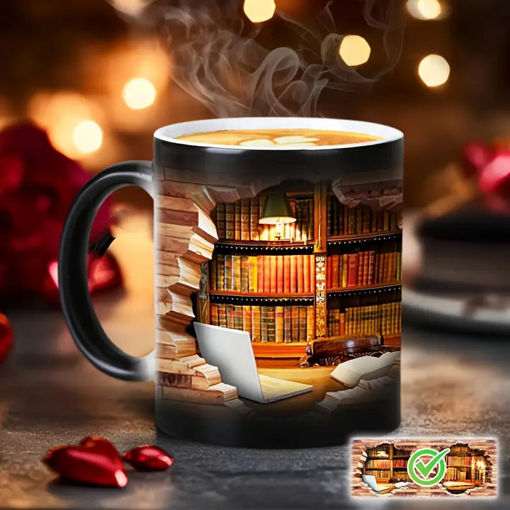 Magic ceramic thermal mug with a bookcase motif