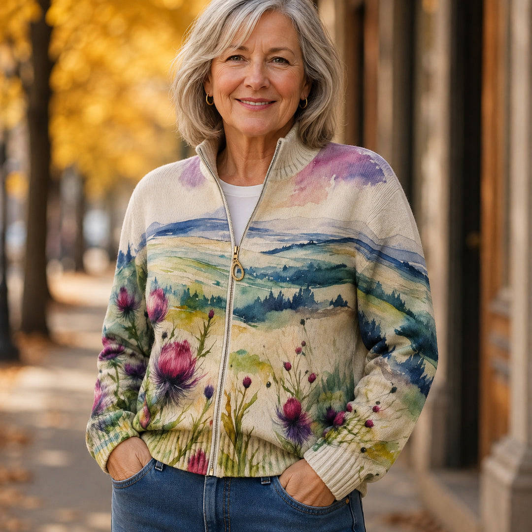 Zelda - Scottish Thistle Flower - Zipper Cardigan