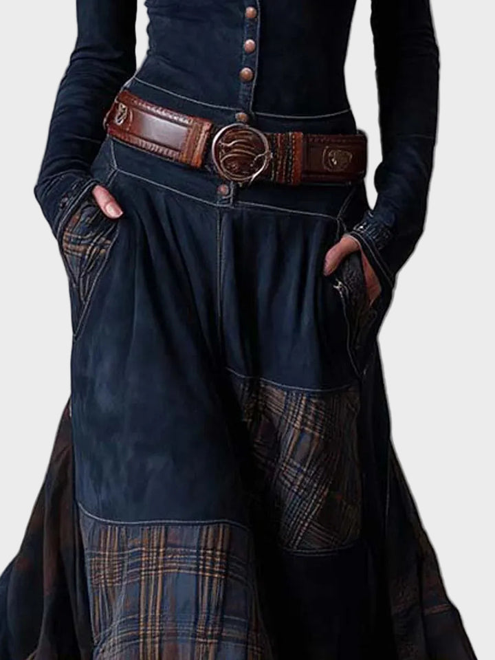Helena - Navy blue suede maxi dress with a belt