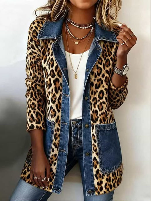 Nora | Denim jacket with a contrasting leopard print panel