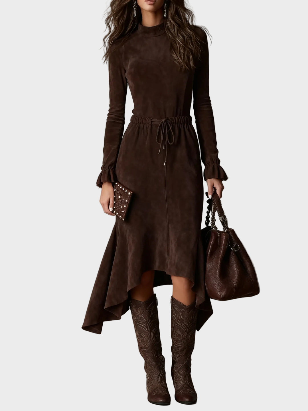 Elegant Dark Brown Suede Midi Dress with Tie