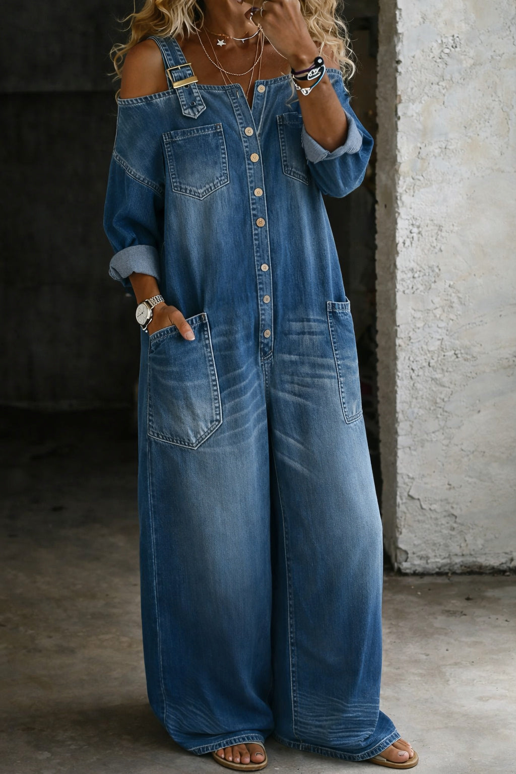 Celina - Denim jumpsuit with bare shoulders
