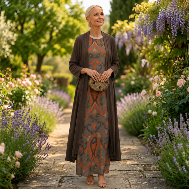 Daniela - Long dress with a floral pattern with a fitted vest