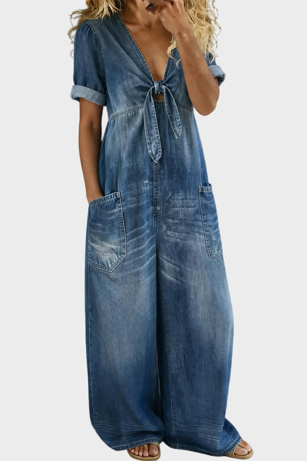 Kowalska - Short Sleeve Jumpsuit with V-Neckline