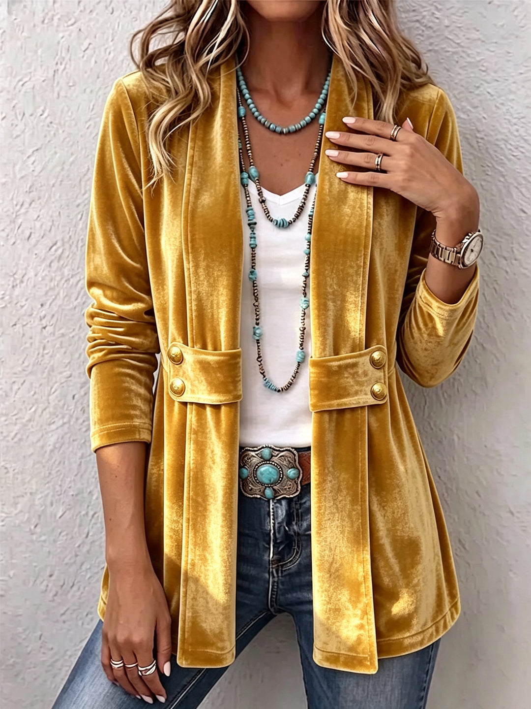 Avery | Vintage Accent Blazer with Long Sleeve Buttons and Open Front