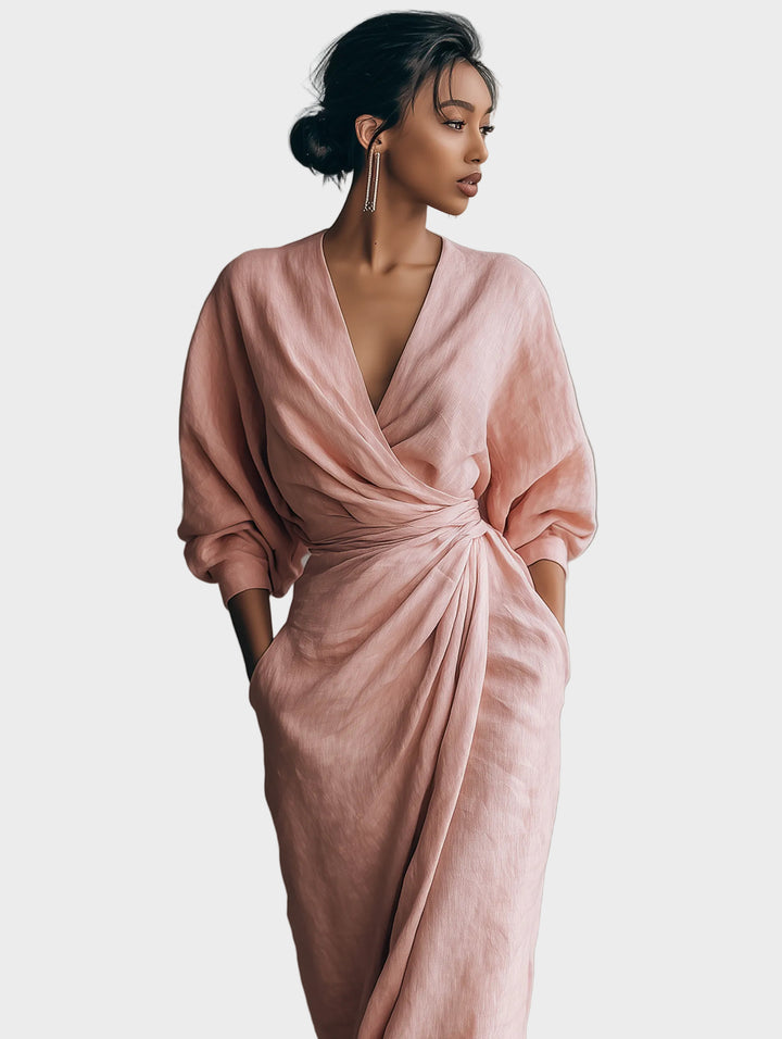 Linen Maxi Dress with V-Neckline