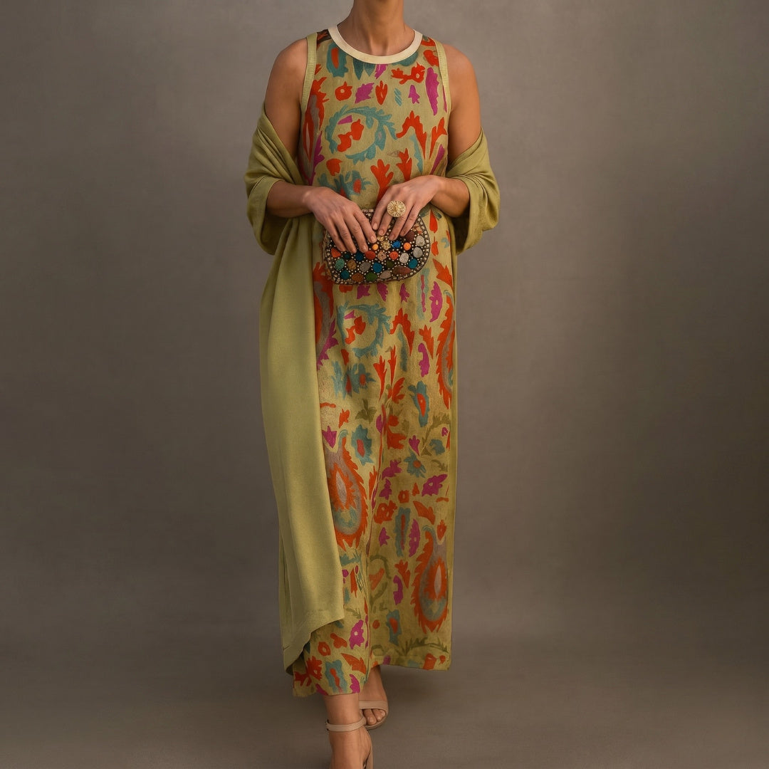 Daniela - Long dress with a floral pattern with a fitted vest