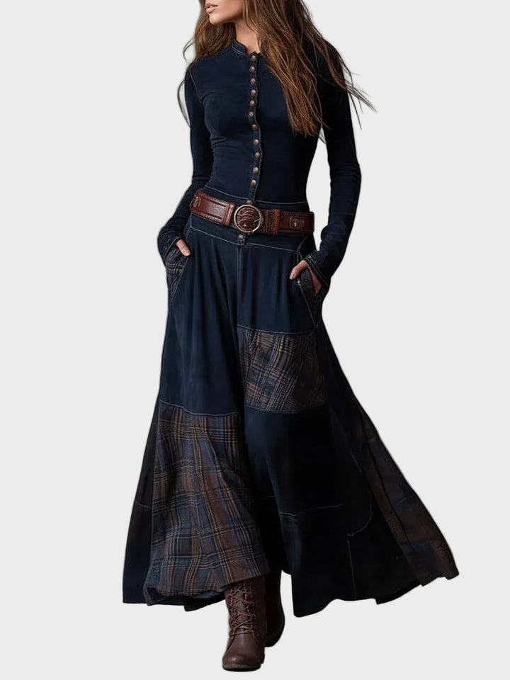Helena - Navy blue suede maxi dress with a belt